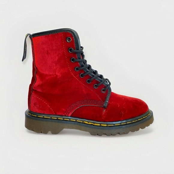 Dr. Martens Shoes - VINTAGE DR. MARTENS RED VELVET ORIGINAL 1460 ANKLE BOOTS